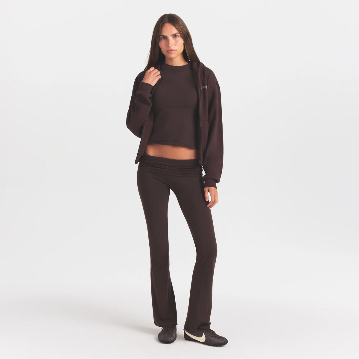 COTTON FLEECE ZIP UP HOODIE WITH EMBOSSED LOGO | ESPRESSO