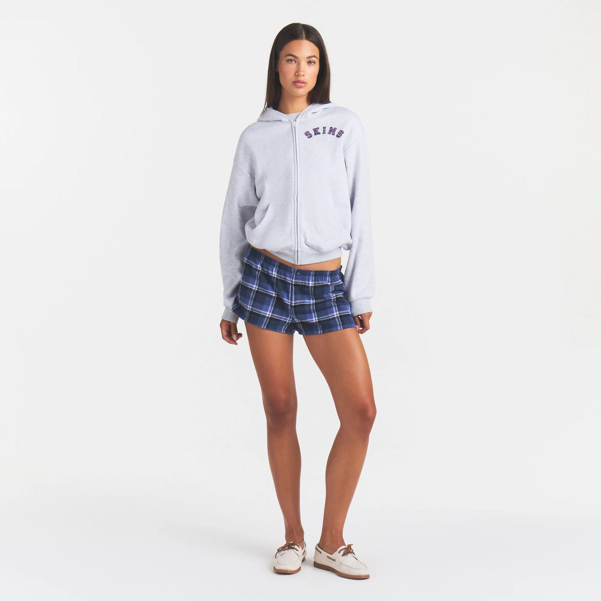 COTTON FLEECE ZIP UP HOODIE | LIGHT HEATHER GREY ARCHED SKIMS PLAID