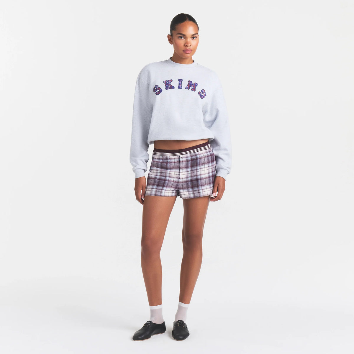 COTTON FLEECE CREWNECK | LIGHT HEATHER GREY ARCHED SKIMS PLAID