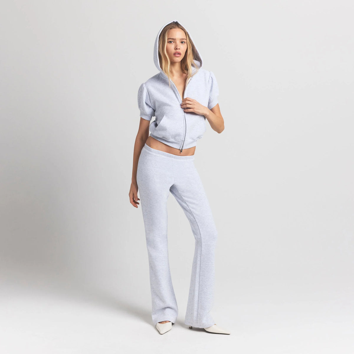 COTTON FLEECE BUBBLE SLEEVE CROPPED ZIP UP | LIGHT HEATHER GREY