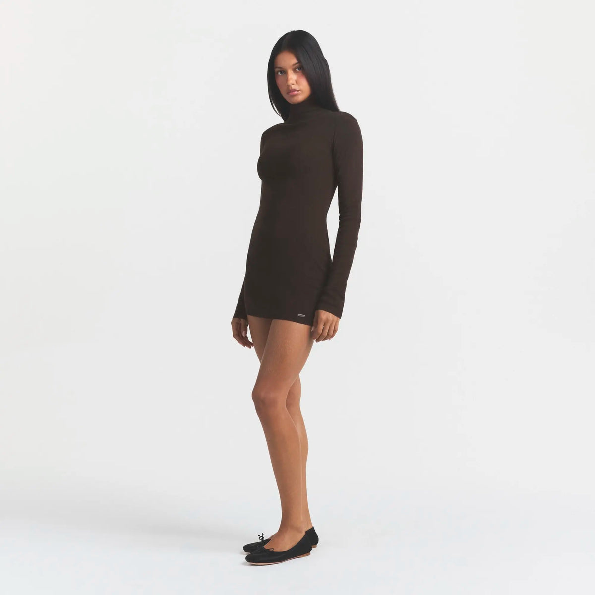 ESSENTIAL KNIT MOCK NECK MINI DRESS | ESPRESSO
