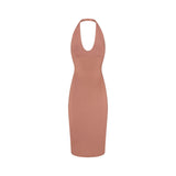 SMOOTH LAYERS PLUNGE HALTER MIDI DRESS | NUTMEG