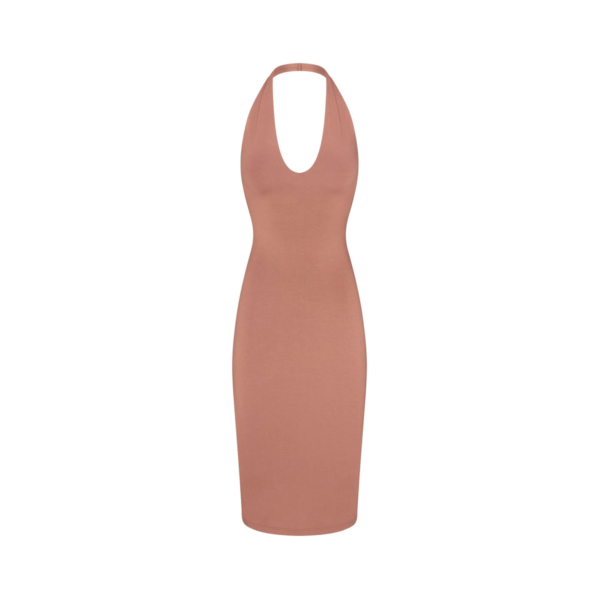SMOOTH LAYERS PLUNGE HALTER MIDI DRESS | NUTMEG
