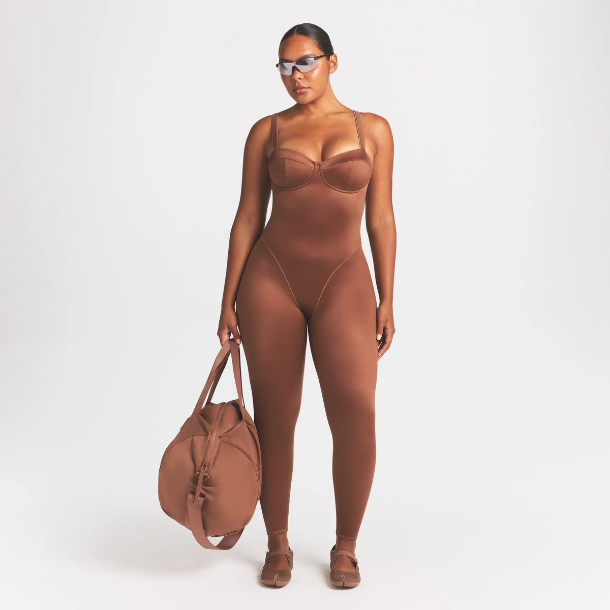 NikeSKIMS SATIN SHINE PANELED 26" ONE PIECE | CAROB BROWN