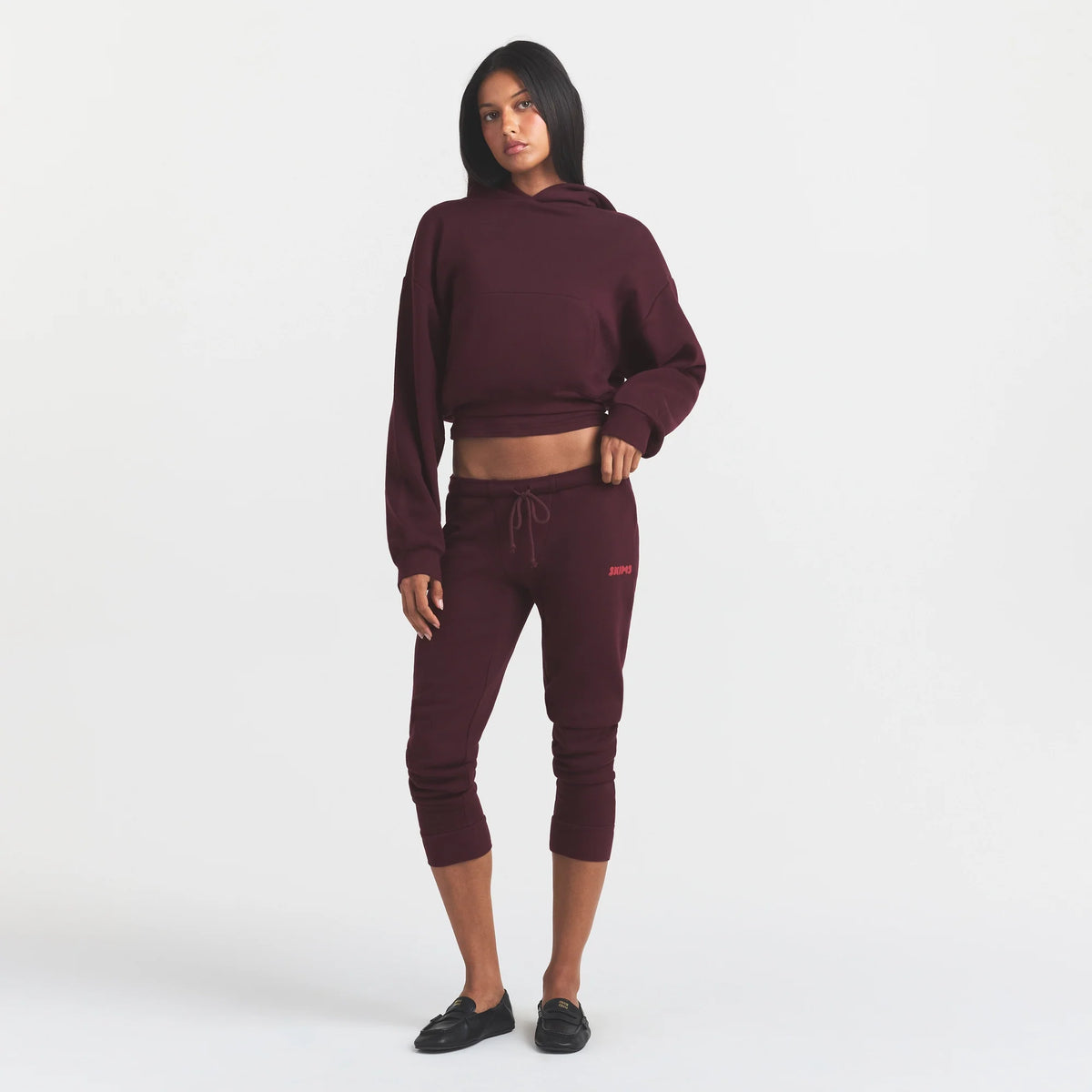 COTTON FLEECE CROPPED HOODIE WITH EMBOSSED LOGO | CURRANT