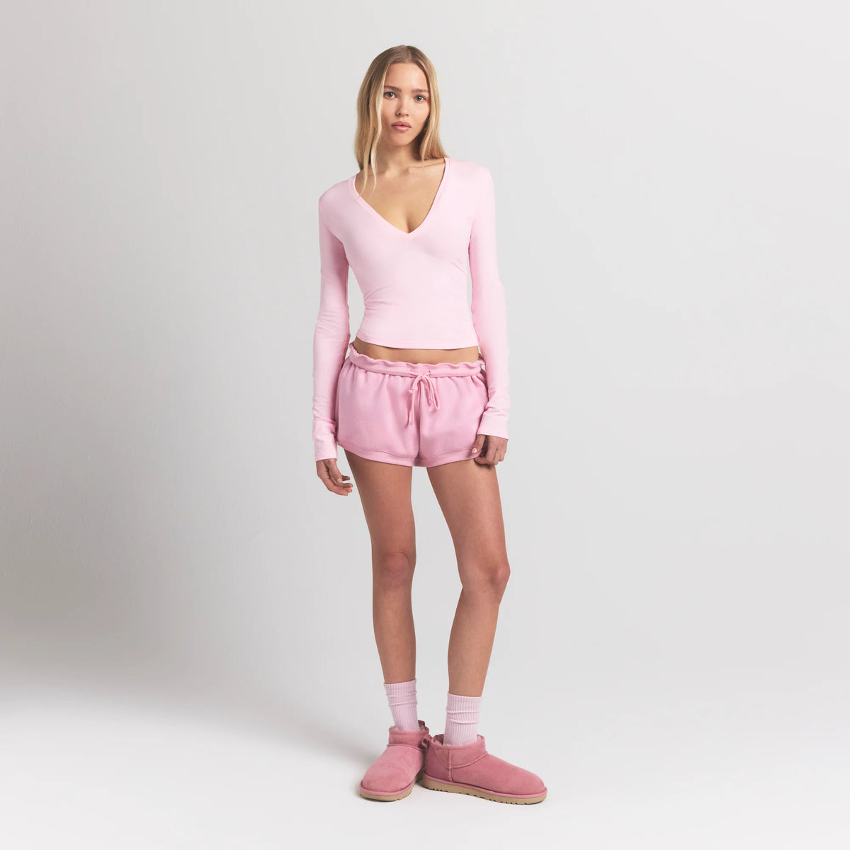 COTTON JERSEY LONG SLEEVE PLUNGE TOP | CHERRY BLOSSOM