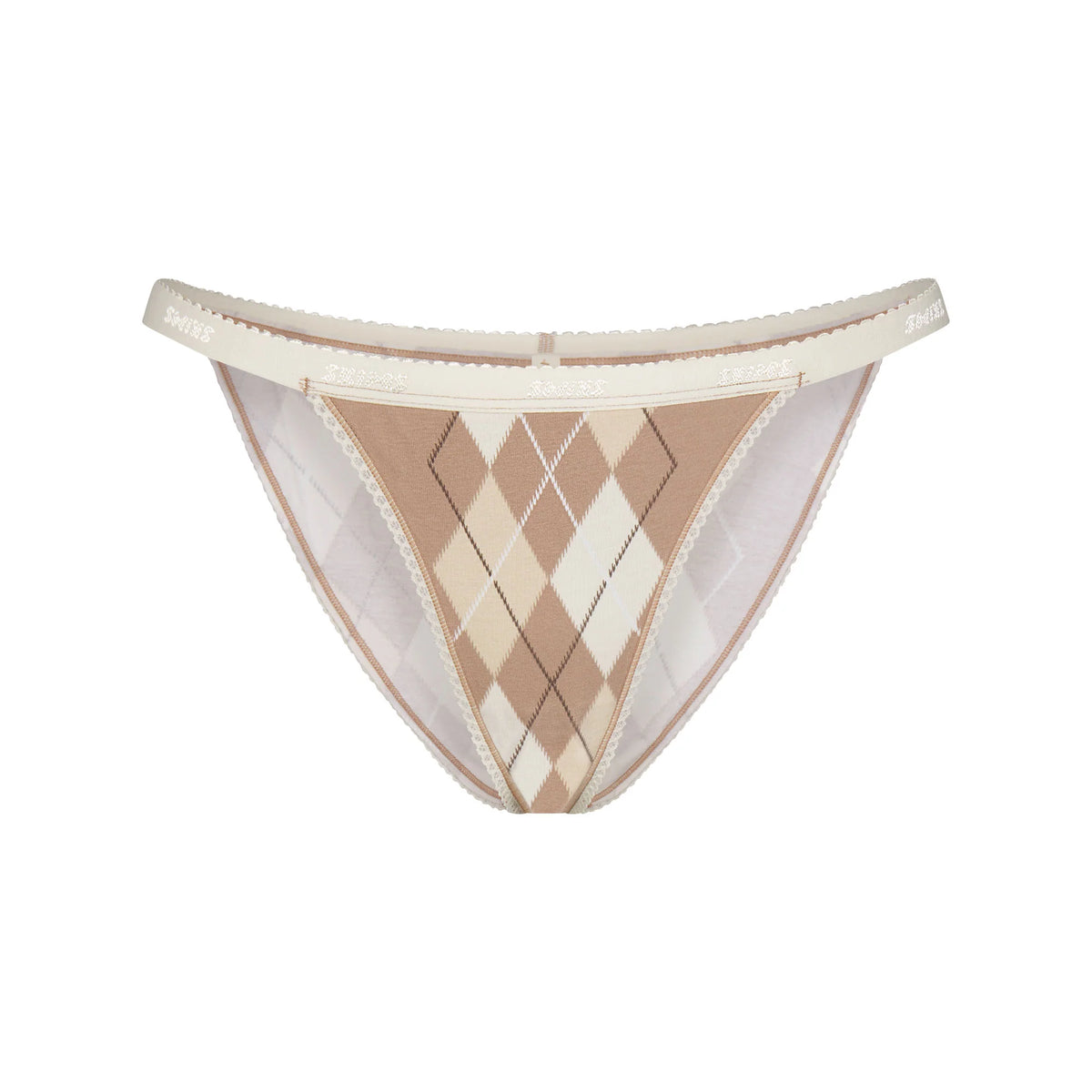 LIGHTWEIGHT COTTON LOGO PICOT STRING BIKINI | CAFE ARGYLE PRINT