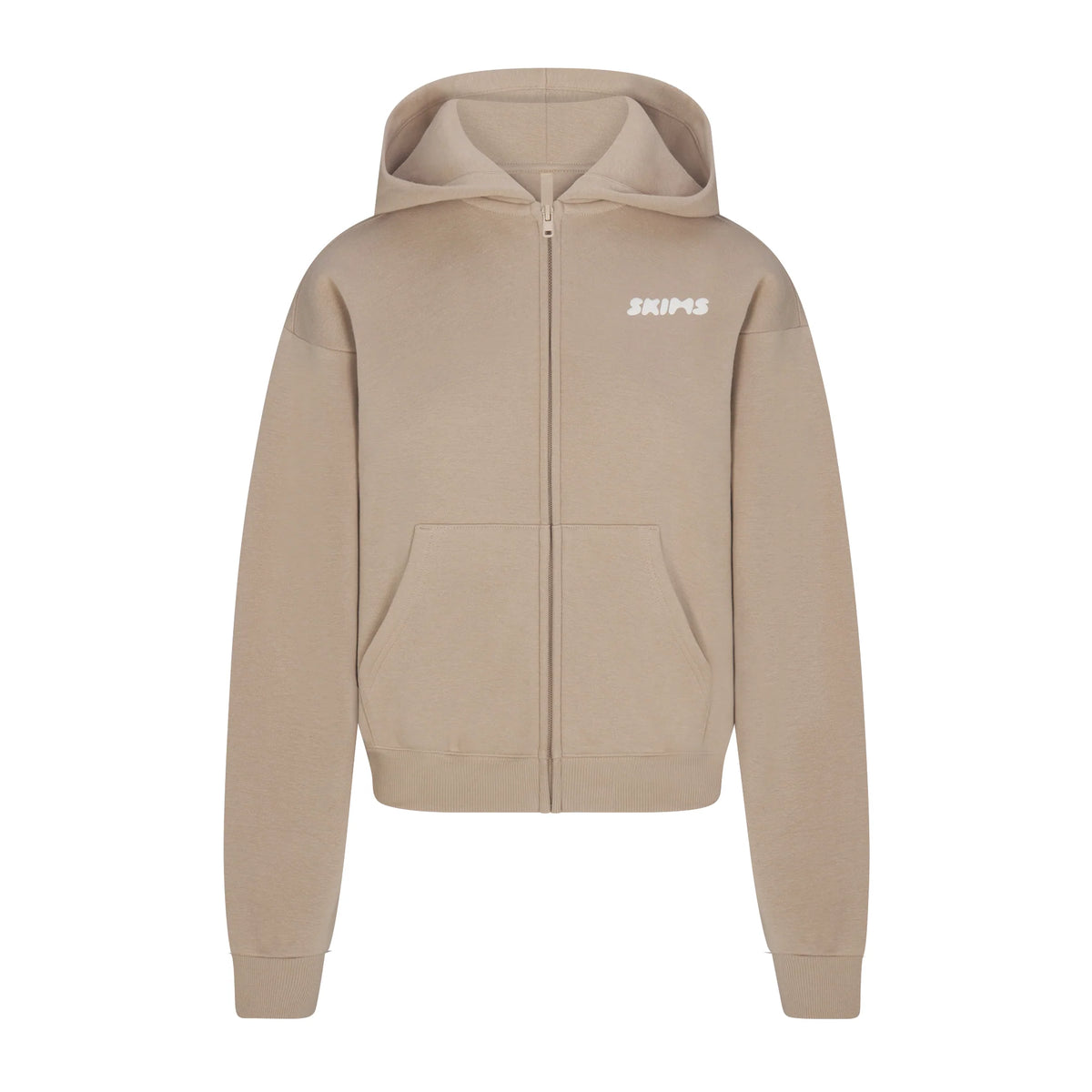 COTTON FLEECE ZIP UP HOODIE WITH EMBOSSED LOGO | LATTE