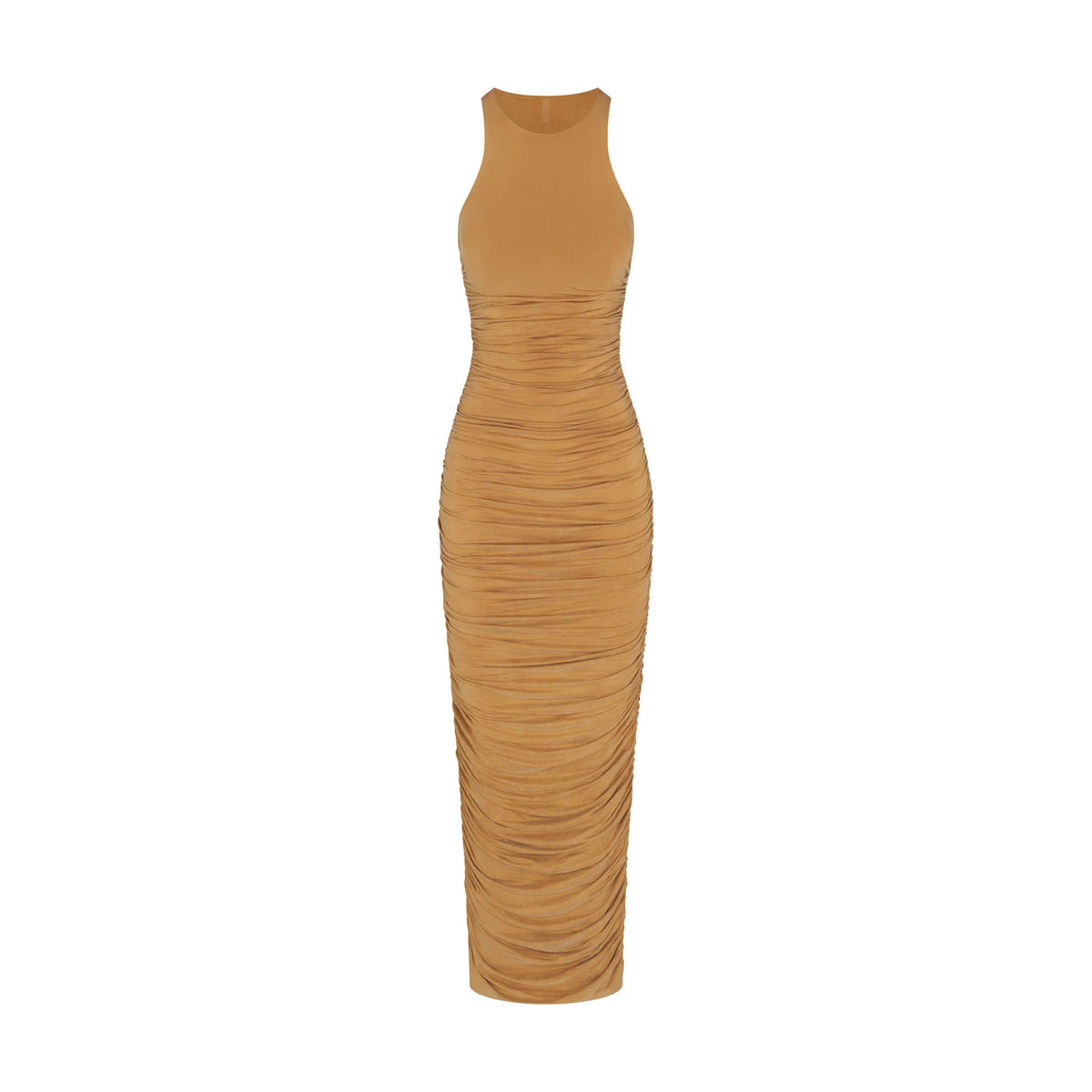 CUPRO JERSEY RUCHED LONG DRESS | ALMOND