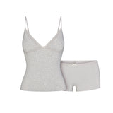 LIGHTWEIGHT COTTON LACE CAMI AND BOY SHORT SET | LIGHT HEATHER GREY