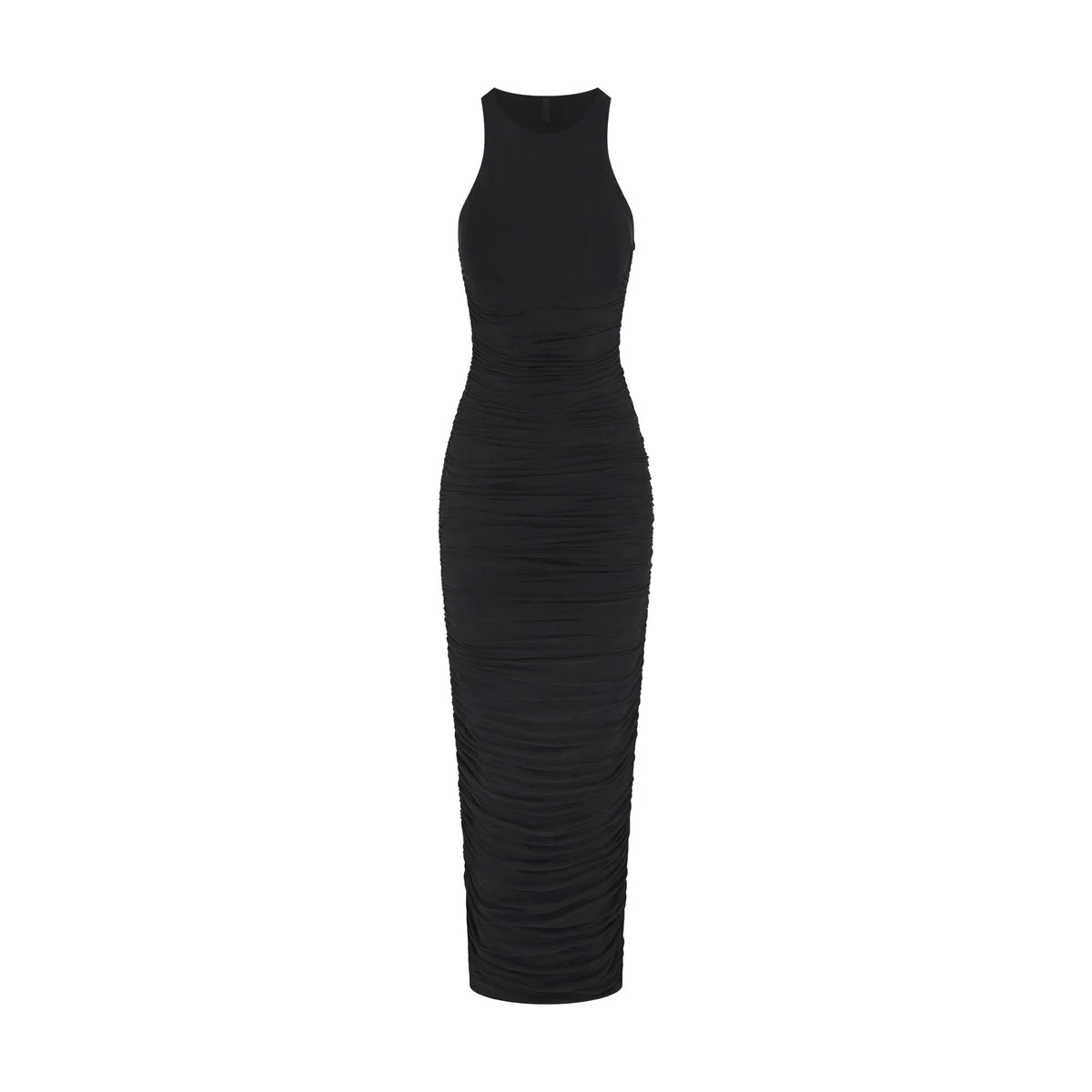 CUPRO JERSEY RUCHED LONG DRESS | OBSIDIAN