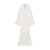 BRIDAL SLEEP FEATHER TRIM LONG ROBE | IVORY