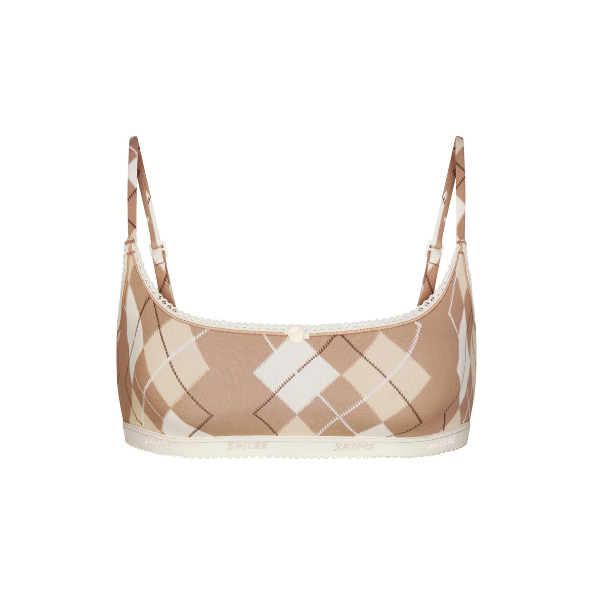 LIGHTWEIGHT COTTON LOGO PICOT SCOOP BRALETTE | CAFE ARGYLE PRINT