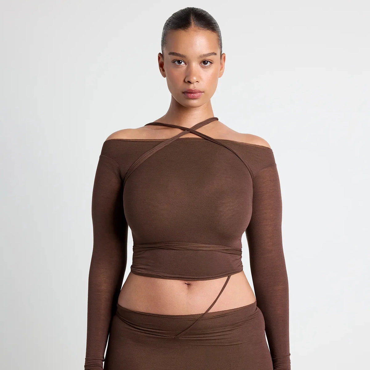 VETTESE X SKIMS SHEER MODAL OFF THE SHOULDER TOP | COCOA
