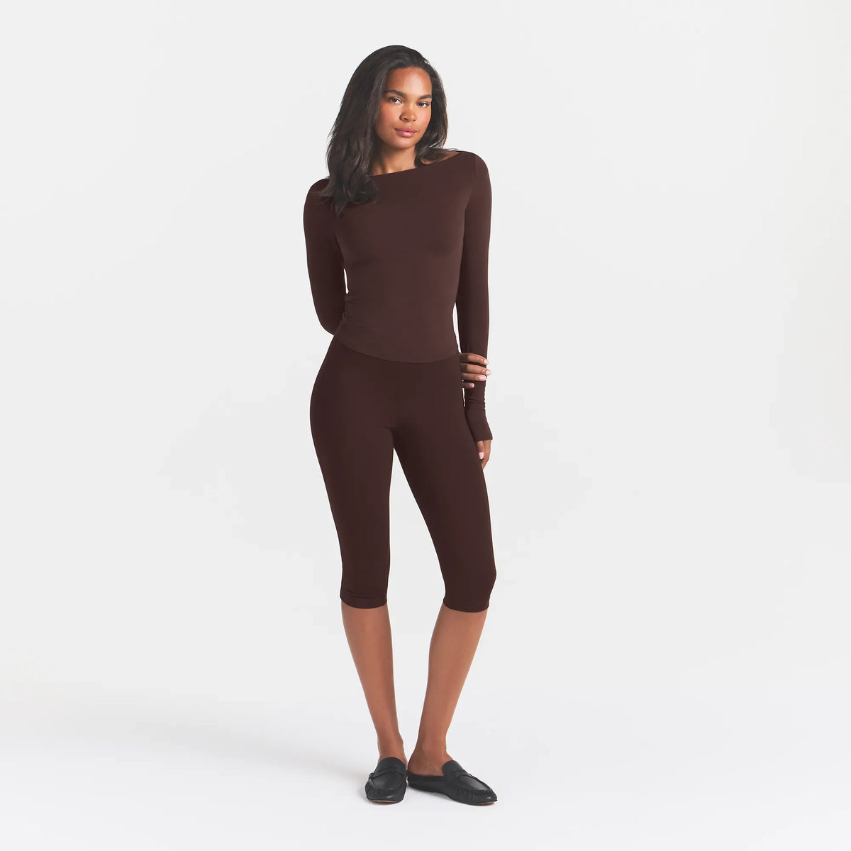 COTTON JERSEY LONG SLEEVE BOATNECK TOP | ESPRESSO