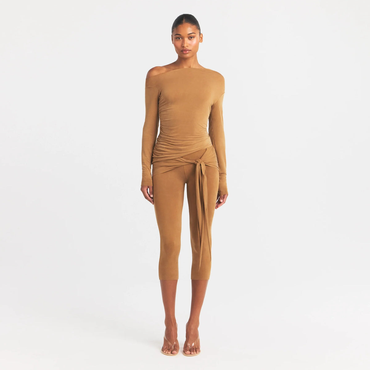 CUPRO JERSEY ASYMMETRICAL TOP | ALMOND