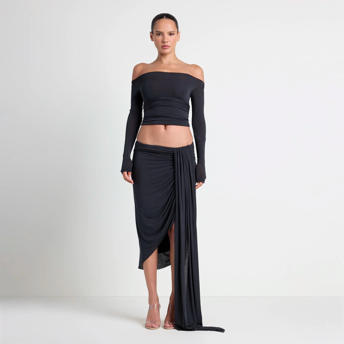 VETTESE X SKIMS SHEER MODAL DRAPED MIDI SKIRT | ONYX