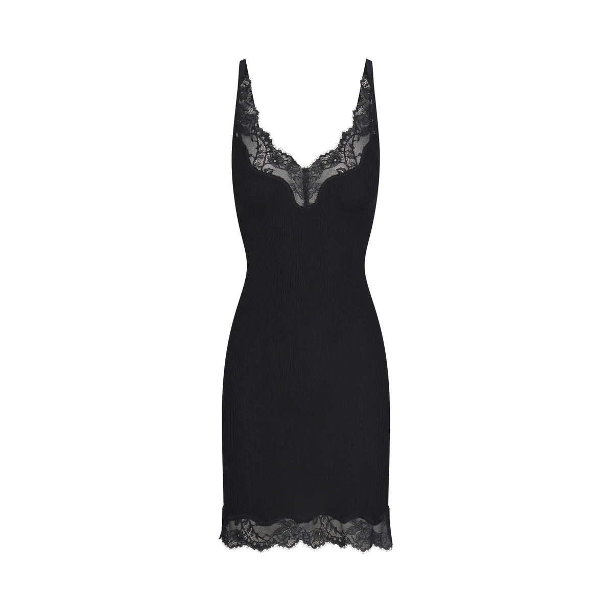 RIB KNIT LACE MINI DRESS | OBSIDIAN