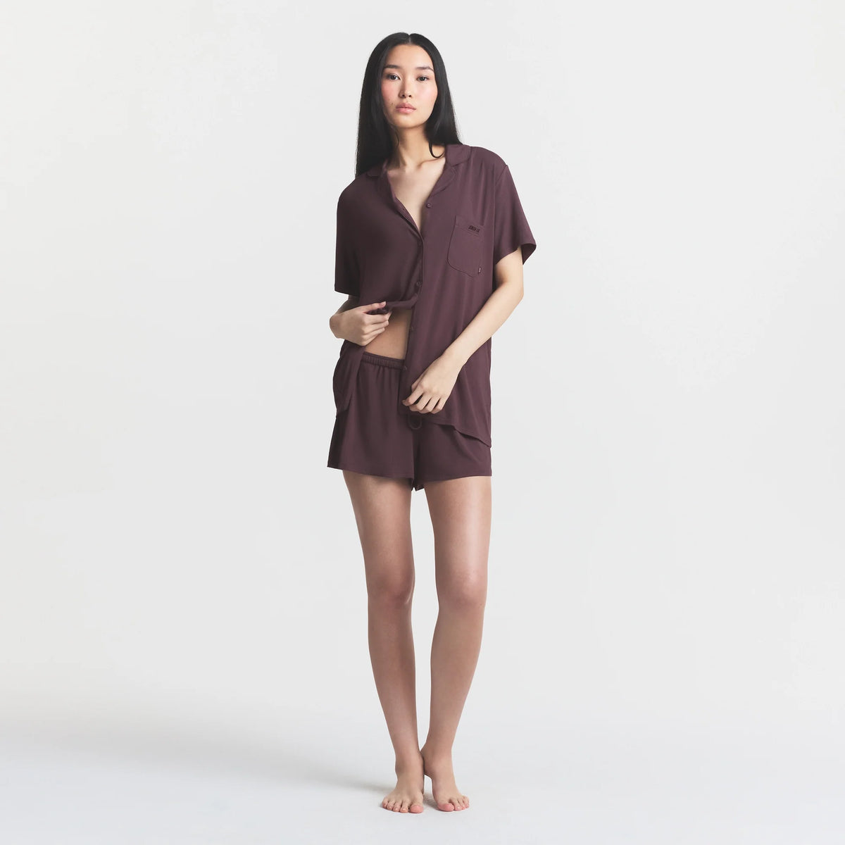 SKIMS SLEEP SHORT SLEEVE BUTTON UP SET | RAISIN