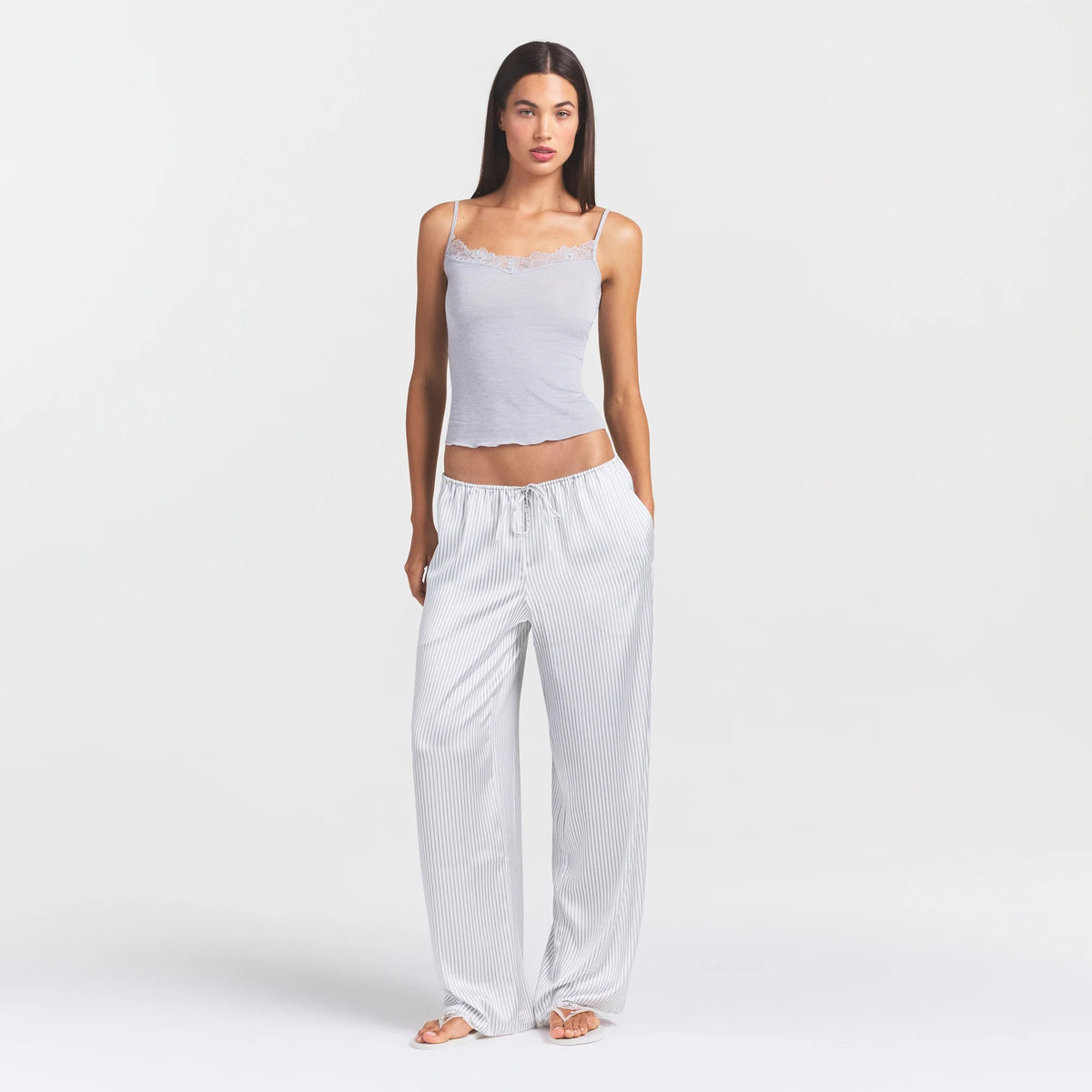WOVEN SHINE LACE PANT | SILVER TRIPLE PINSTRIPE