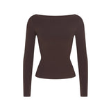COTTON JERSEY LONG SLEEVE BOATNECK TOP | ESPRESSO