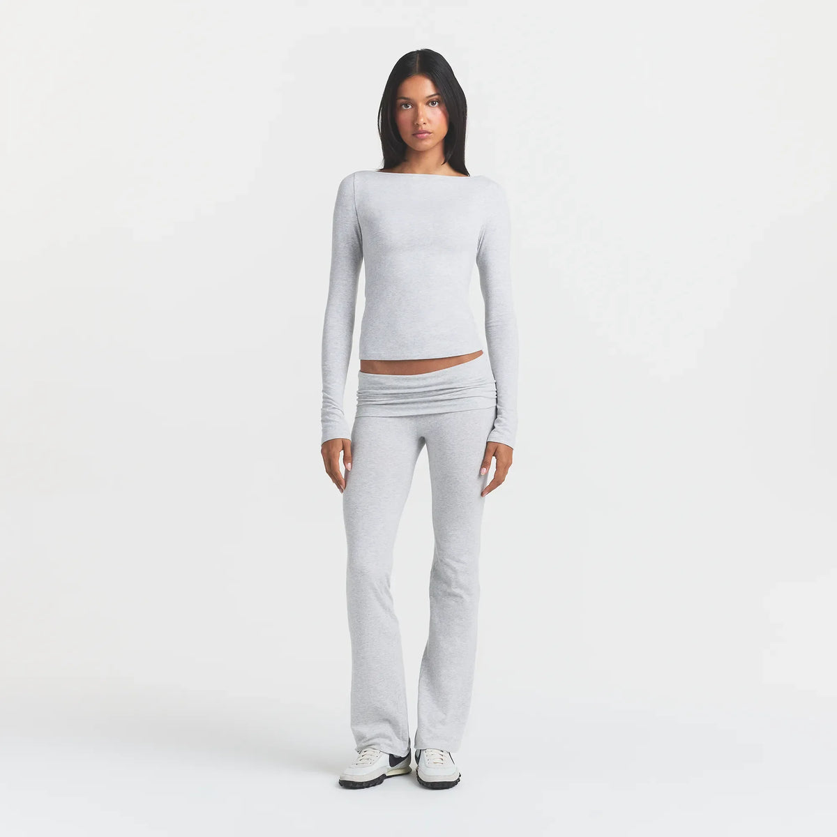 COTTON JERSEY LONG SLEEVE BOATNECK TOP | LIGHT HEATHER GREY