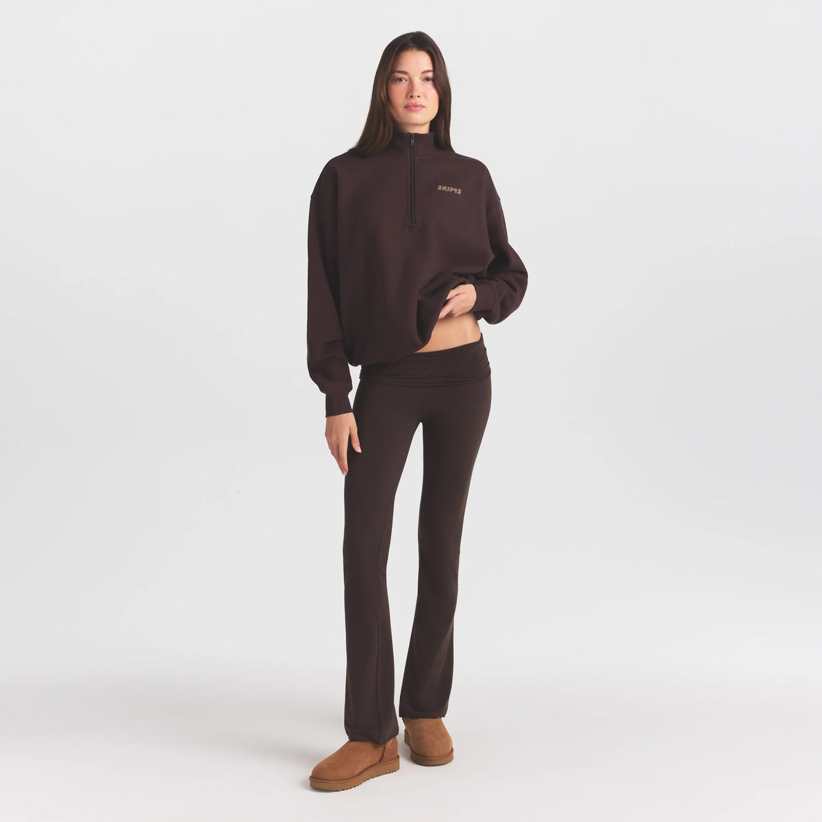 COTTON FLEECE MOCK NECK QUARTER ZIP WITH EMBOSSED LOGO | ESPRESSO