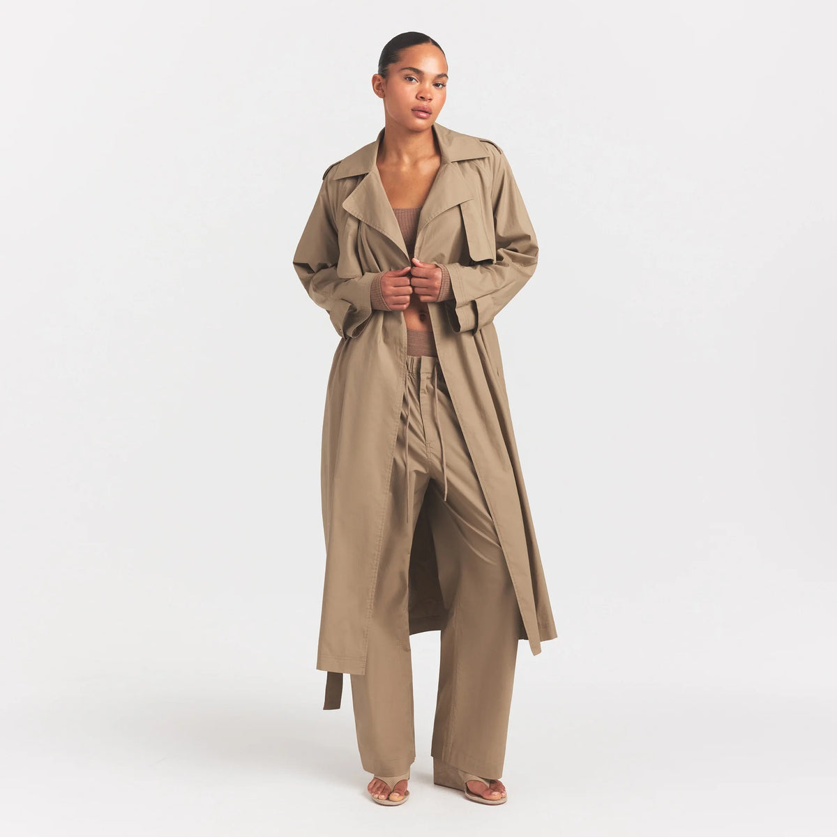 WOVEN COTTON OVERSIZED TRENCH COAT | DESERT
