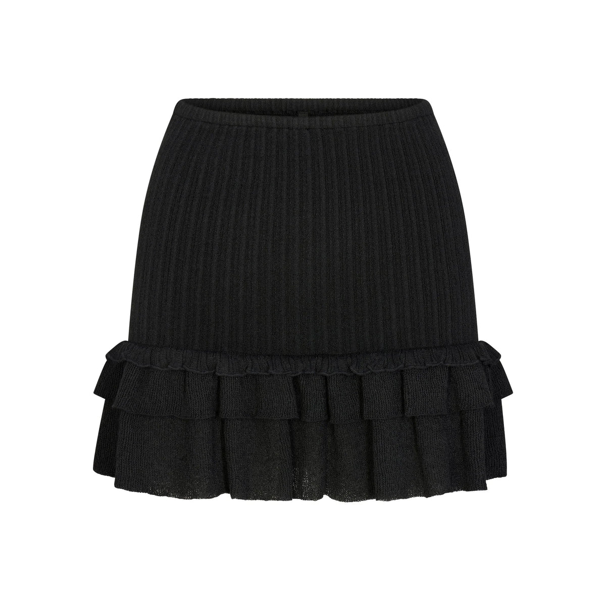 SHEER KNIT RUFFLE MINI SKIRT | ONYX